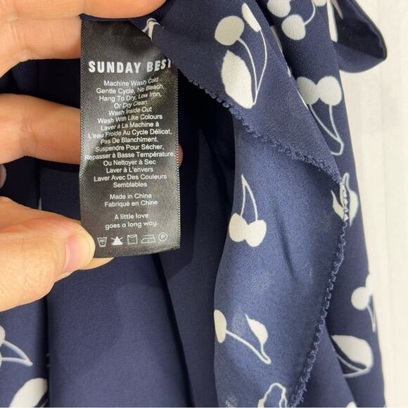 Sunday Best White Cherry Print Navy Blue Ruffle Wrap Dress Size 00 Dainty Girly - Picture 8 of 9